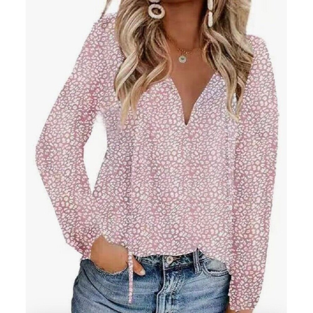 Women Boho Floral Print V Neck Long Puff Sleeve XL Blouse Shirts